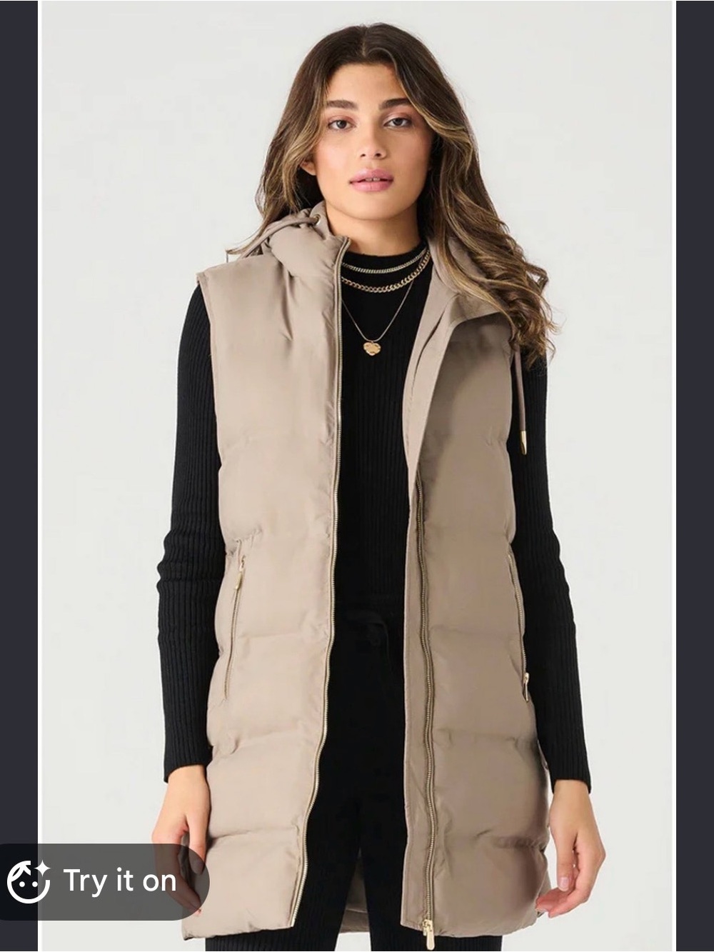 Dex Quilted Hooded Long Puffer Vest in Taupe